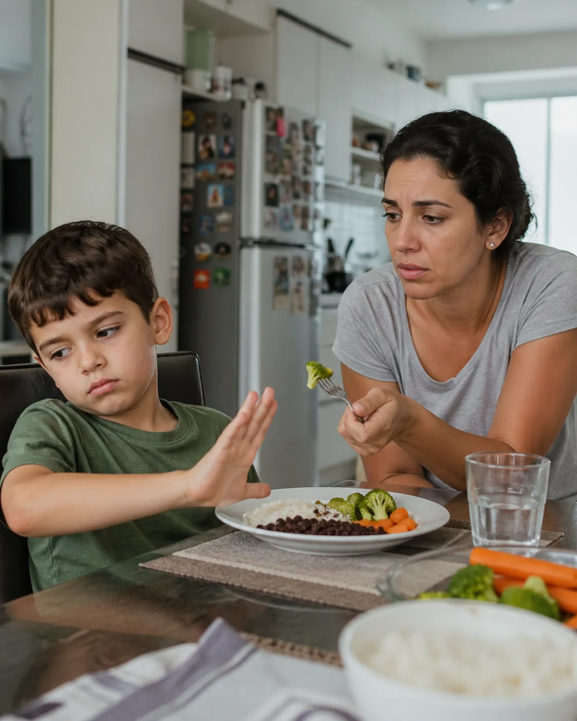 Criança recusando alimento durante refeição em família